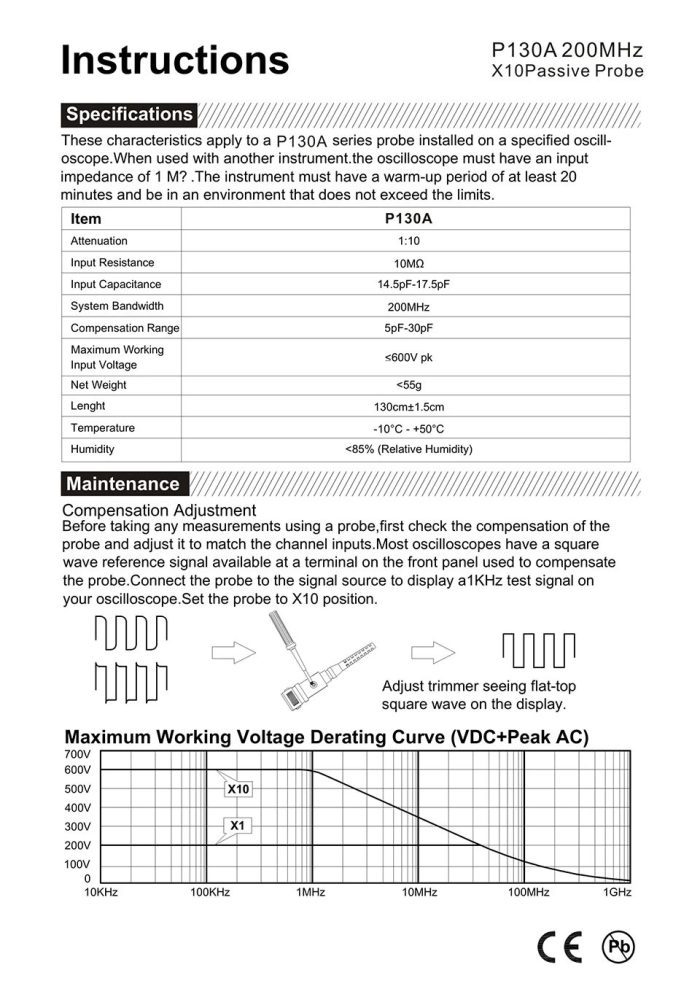 Micsig P130A Passiivinen BNC-mittapää 100MHz 10:1 600V - Image 5